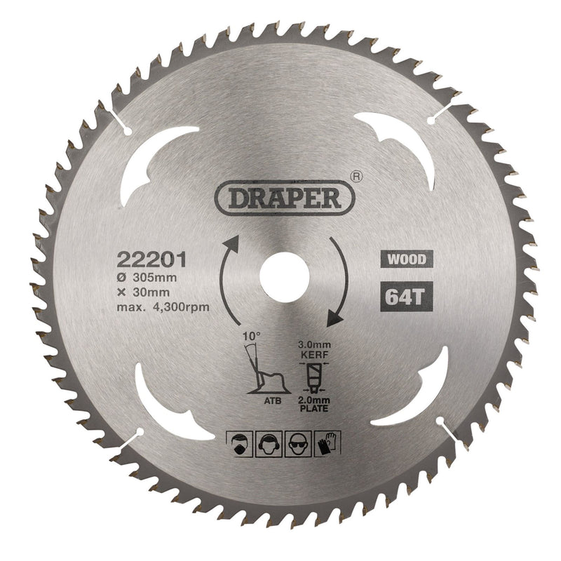 Draper TCT Circular Saw Blade for Wood, 305 x 30mm, 64T 22201 Draper - Dynamic Drive