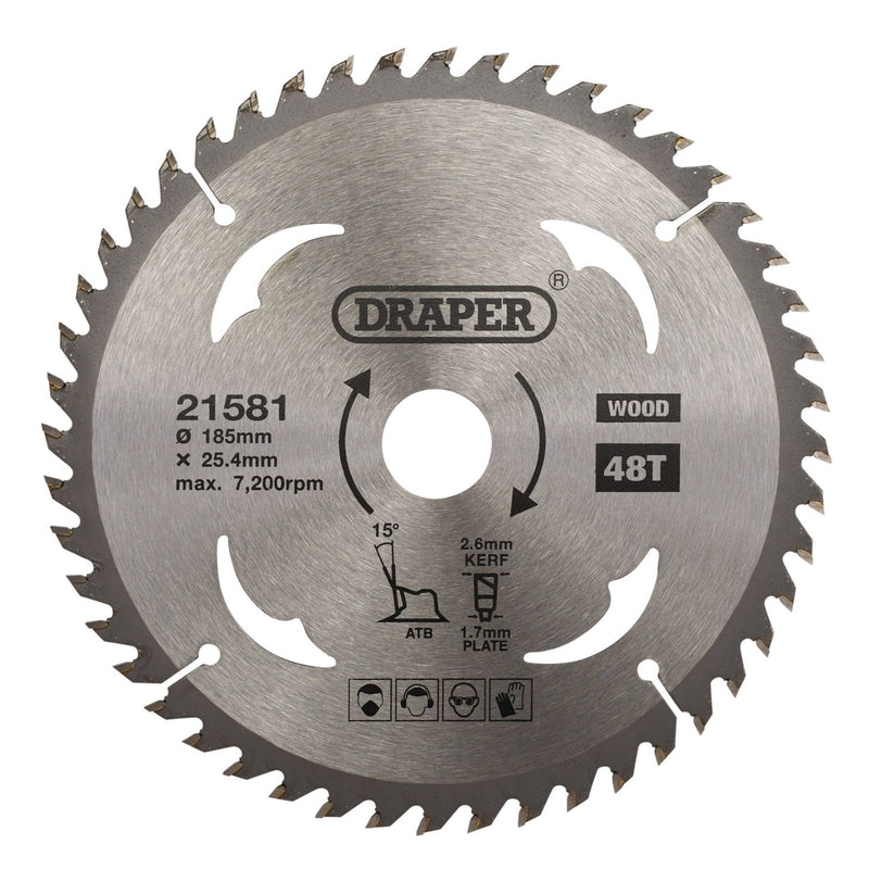 Draper TCT Circular Saw Blade for Wood, 185 x 25.4mm, 48T 21581 Draper - Dynamic Drive