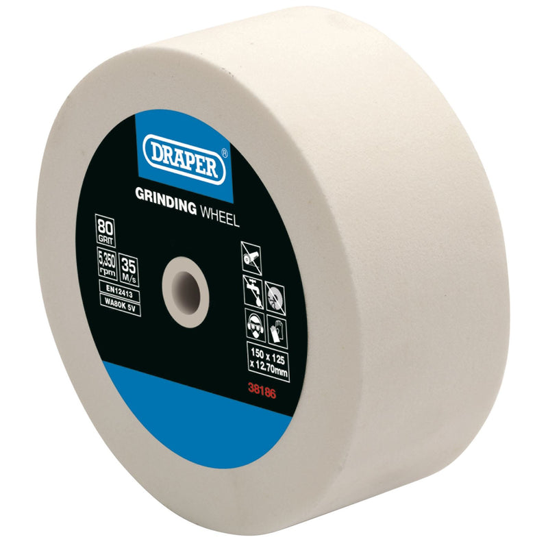 Draper Aluminium Oxide Bench Grinding Wheel, 125 x 50mm, 80 Grit, White 38186 Draper - Dynamic Drive