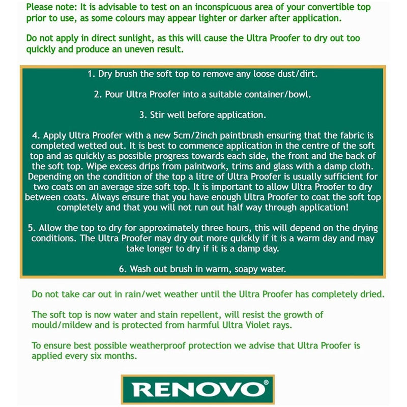 Renovo Soft Top Ultra Proofer Treatment Waterproofs Convertible Cabriolet 500ml Renovo - Dynamic Drive