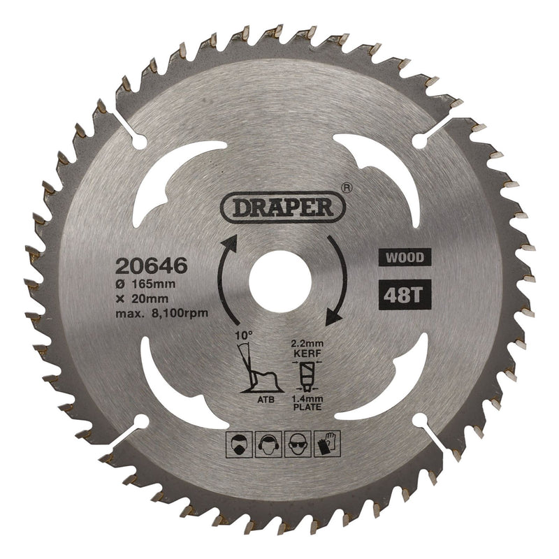 Draper TCT Circular Saw Blade for Wood, 165 x 20mm, 48T 20646 Draper - Dynamic Drive