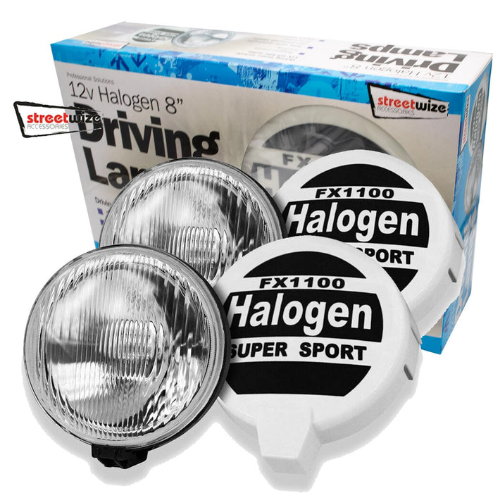 12v 4x4 SW 8" Rally Sport Giant Round Driving Halogen Spot Lamps Lights + Covers Streetwize - Dynamic Drive