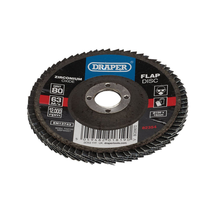 Draper Zirconium Oxide Flap Disc, 100 x 16mm, 80 Grit 82354 Draper - Dynamic Drive