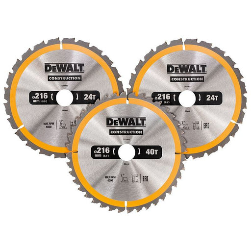 Dewalt Power Tools DT1962 Construction Circular Saw Blade 3 Pack 216 x 30mm 2 x 24T 1 x 40T DeWALT Power Tools - Dynamic Drive