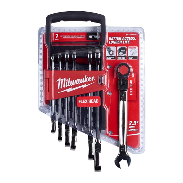 Milwaukee MAX BITE metric flexible head ratcheting combination spanner set Milwaukee - Dynamic Drive