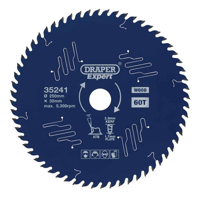 Draper Expert TCT Circular Saw Blade for Wood with PTFE Coating, 250 x 30mm, 60T Draper - Dynamic Drive