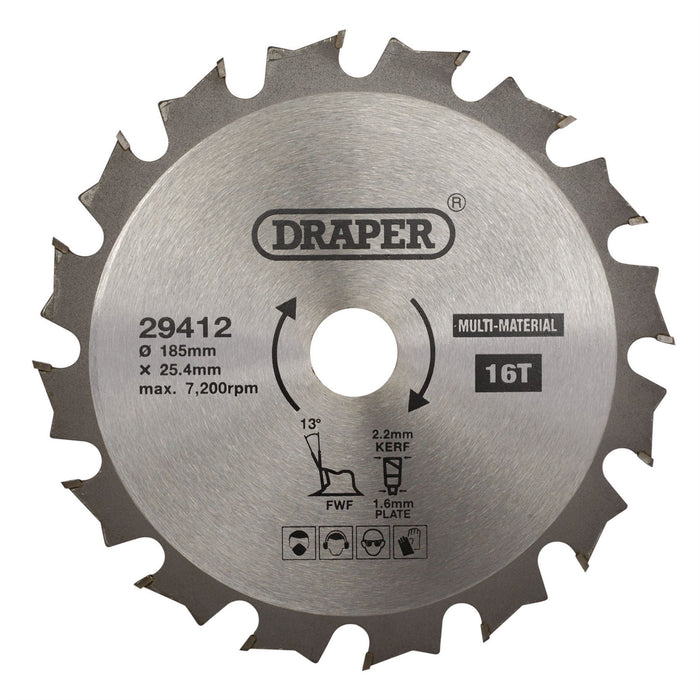 Draper TCT Multi-Purpose Circular Saw Blade, 185 x 25.4mm, 16T 29412 Draper - Dynamic Drive