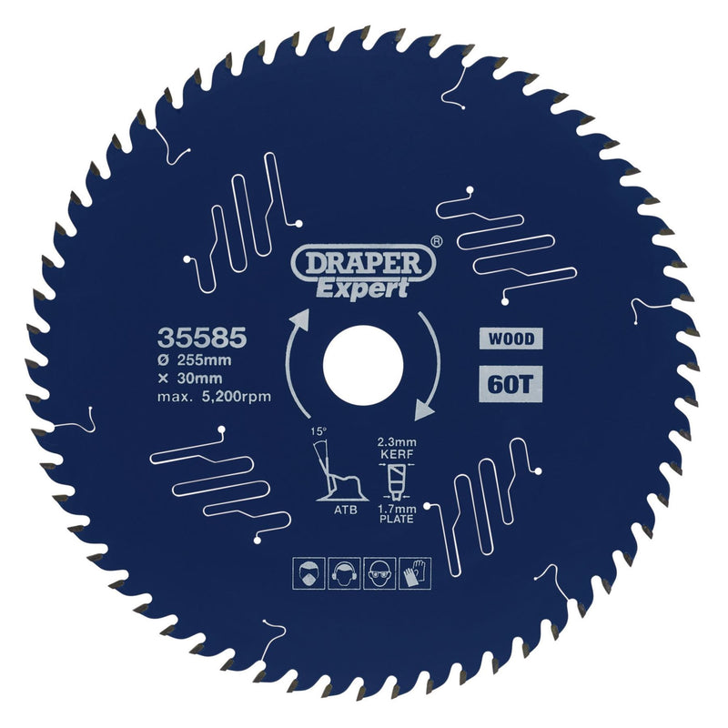 Draper Expert TCT Circular Saw Blade for Wood with PTFE Coating, 255 x 30mm, 60T Draper - Dynamic Drive