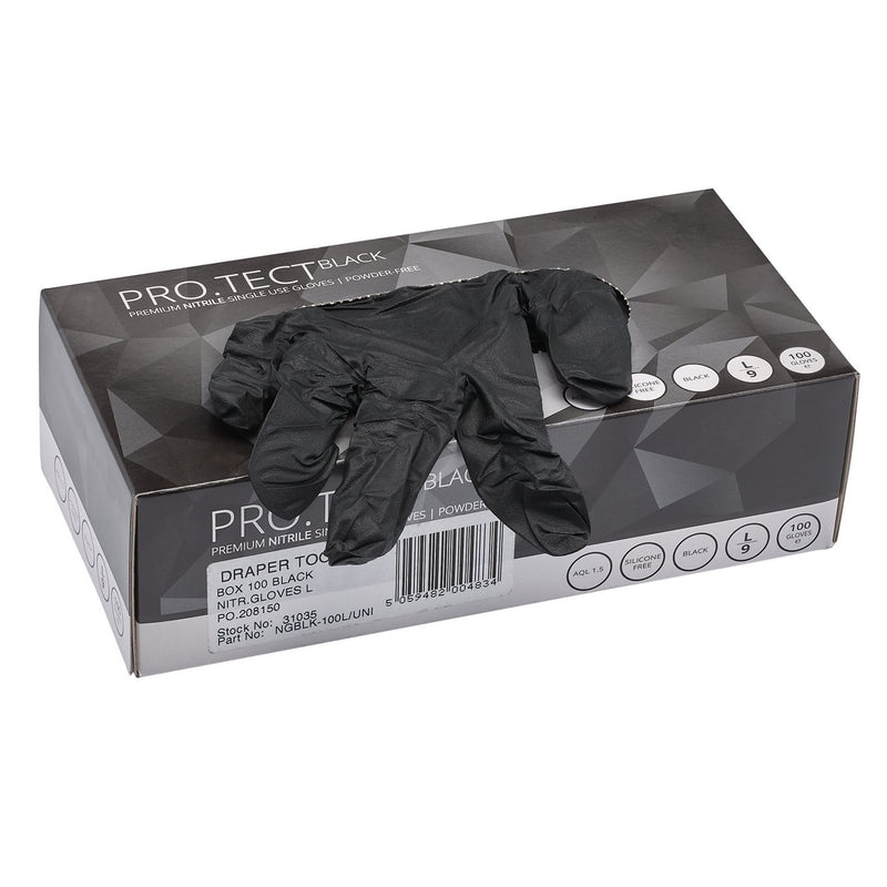 Draper Nitrile Gloves, Large, Black (Pack of 100) 31035 Draper - Dynamic Drive