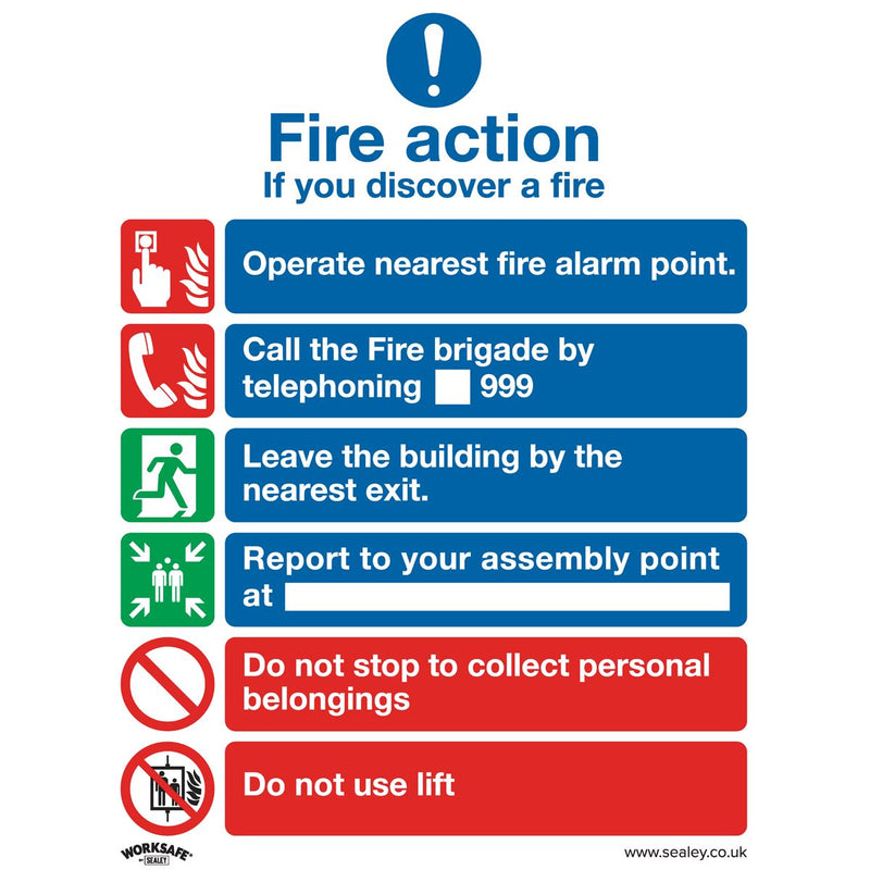 Sealey Safe Conditions Safety Sign Fire Action With Lift Rigid Plastic Sealey - Dynamic Drive