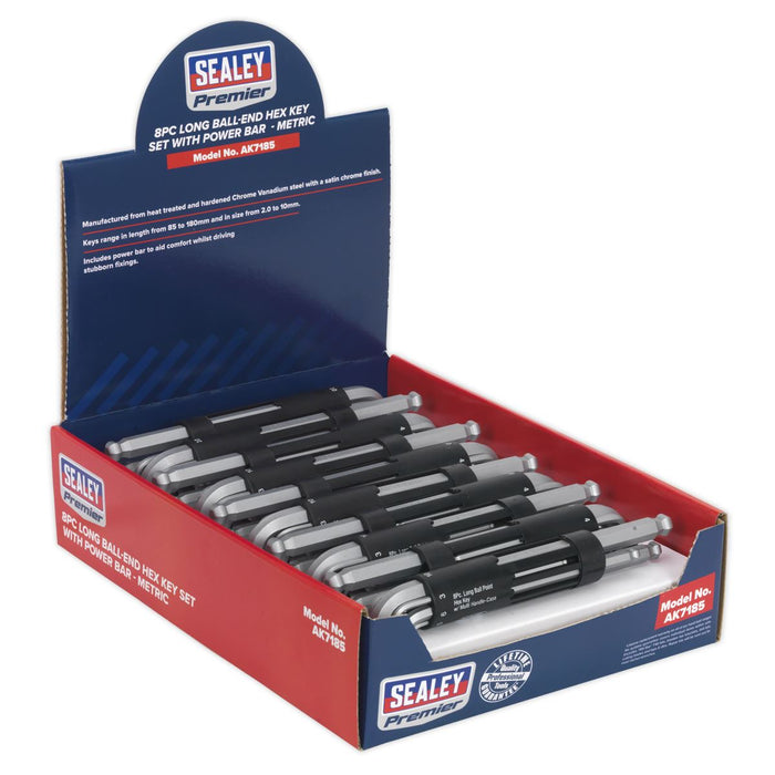 Sealey Ball-End Hex Key Set with Power Bar 8pc Long Display Box of 10 AK7185 Sealey - Dynamic Drive