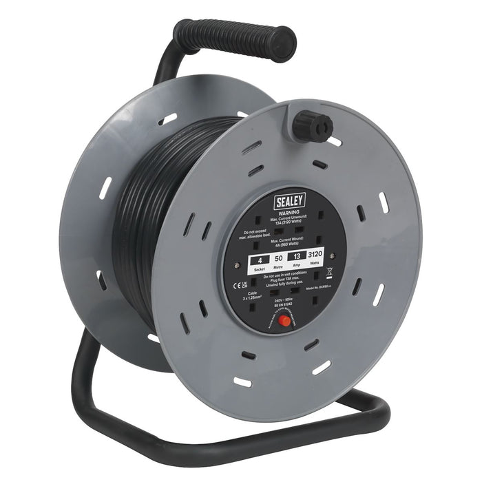 Sealey Cable Reel 50m 4 x 230V 1.25mmï Thermal Trip BCR50 Sealey - Dynamic Drive