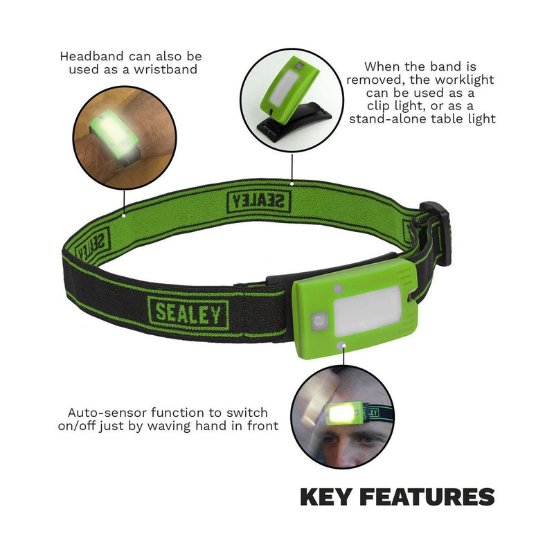 Sealey Rechargeable Head Torch 2W COB LED Auto-Sensor Green LED360HTG Sealey - Dynamic Drive
