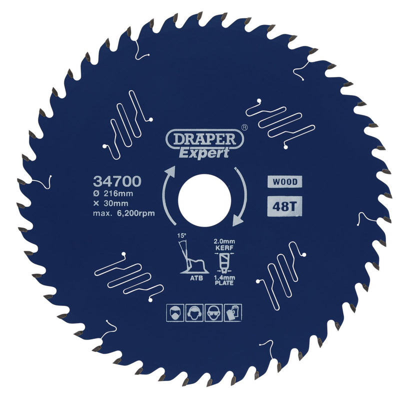 Draper Expert TCT Circular Saw Blade for Wood with PTFE Coating, 216 x 30mm, 48T Draper - Dynamic Drive