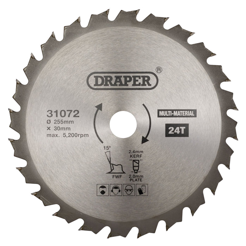 Draper TCT Multi-Purpose Circular Saw Blade, 255 x 30mm, 24T 31072 Draper - Dynamic Drive