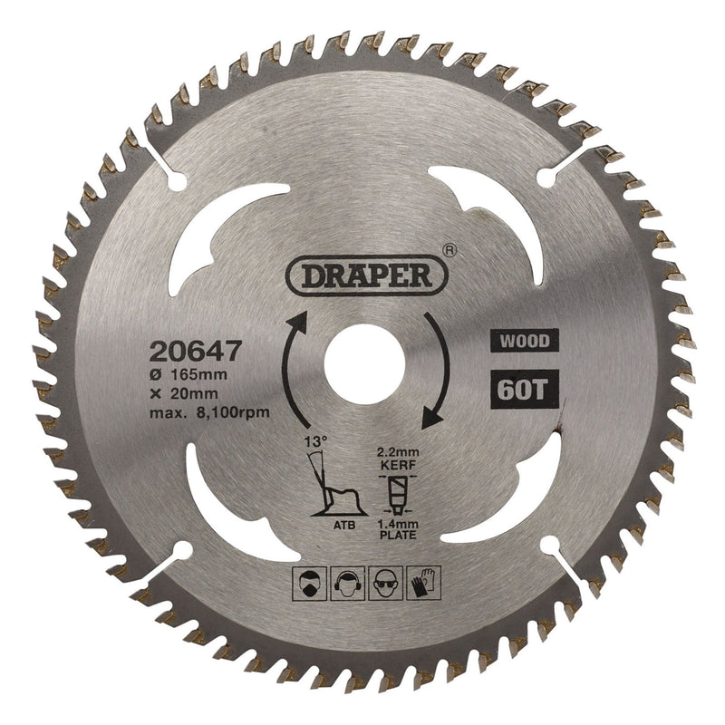 Draper TCT Circular Saw Blade for Wood, 165 x 20mm, 60T 20647 Draper - Dynamic Drive