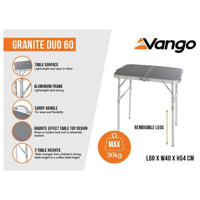 Vango Granite Duo 60 Aluminium Frame Table, Foldable Table with Adjustable Legs Vango - Dynamic Drive