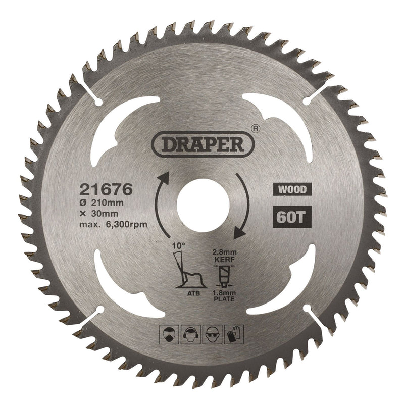 Draper TCT Circular Saw Blade for Wood, 210 x 30mm, 60T 21676 Draper - Dynamic Drive