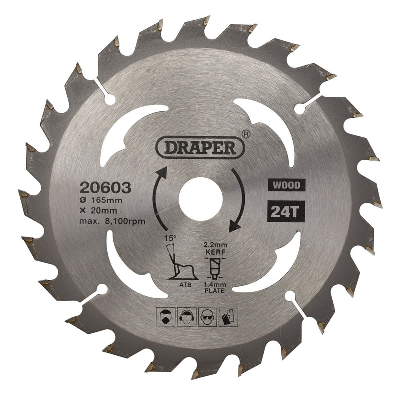 Draper TCT Circular Saw Blade for Wood, 165 x 20mm, 24T 20603 Draper - Dynamic Drive
