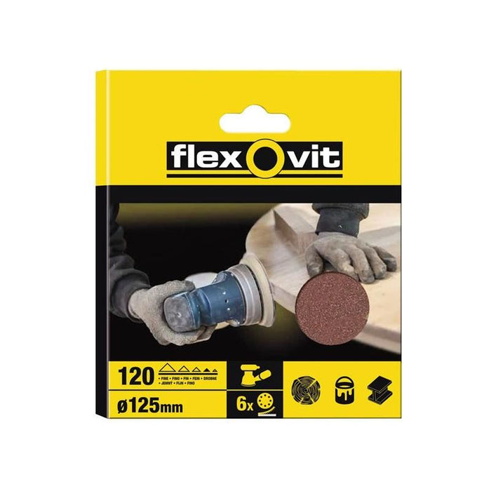 Flexovit Hook & Loop Sanding Disc 125mm Fine 120G 8 Holes (Pack 6) Flexovit - Dynamic Drive