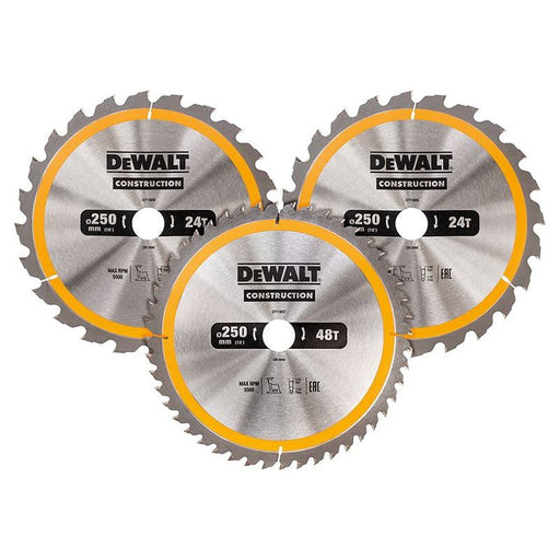 Dewalt Power Tools DT1963 Construction Circular Saw Blade 3 Pack 250 x 30mm x 24T/48T DeWALT Power Tools - Dynamic Drive