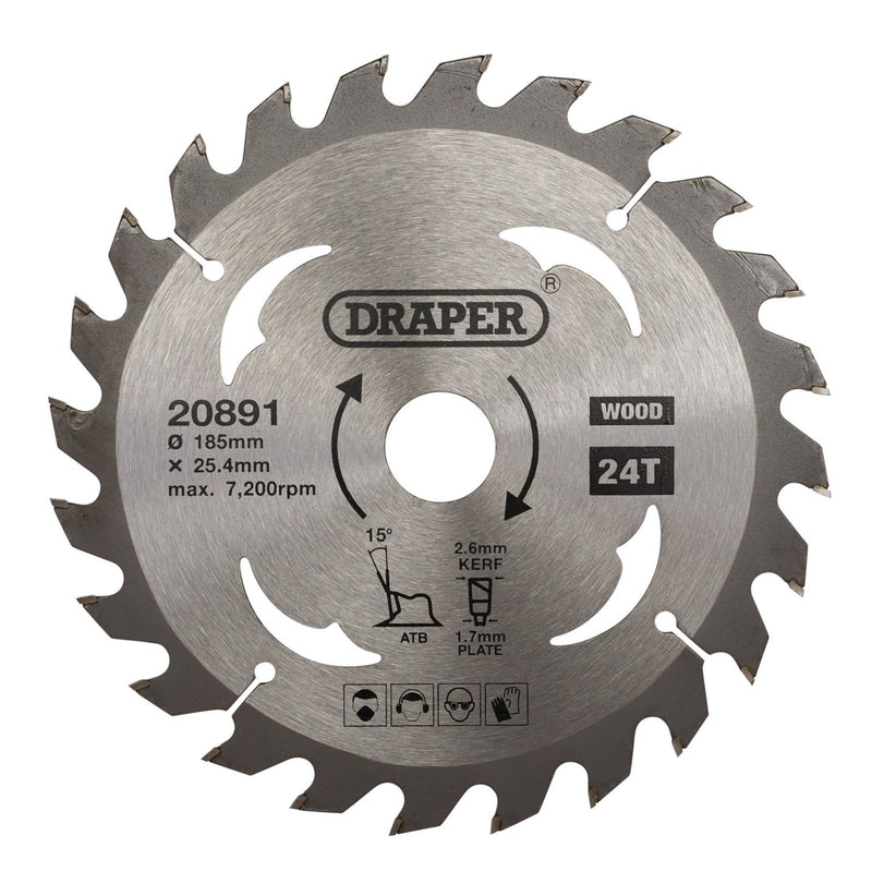 Draper TCT Circular Saw Blade for Wood, 185 x 25.4mm, 24T 20891 Draper - Dynamic Drive