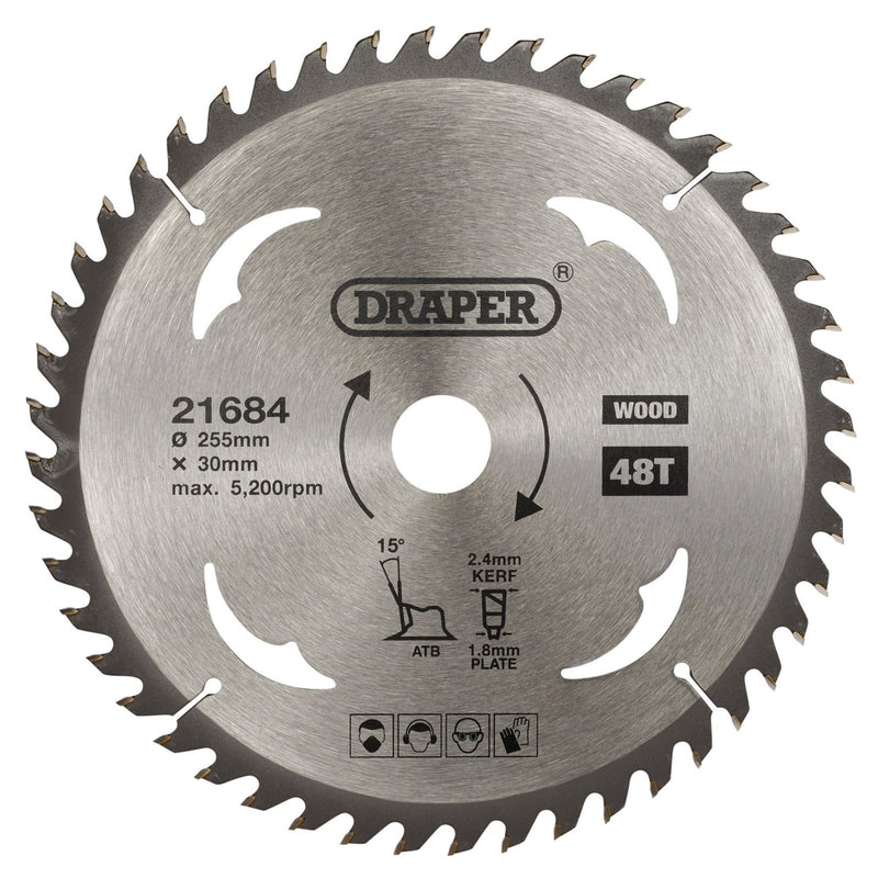 Draper TCT Circular Saw Blade for Wood, 255 x 30mm, 48T 21684 Draper - Dynamic Drive