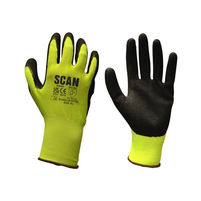 Scan Hi-Vis Yellow Foam Latex Coated Gloves - M (Size 8) Scan - Dynamic Drive