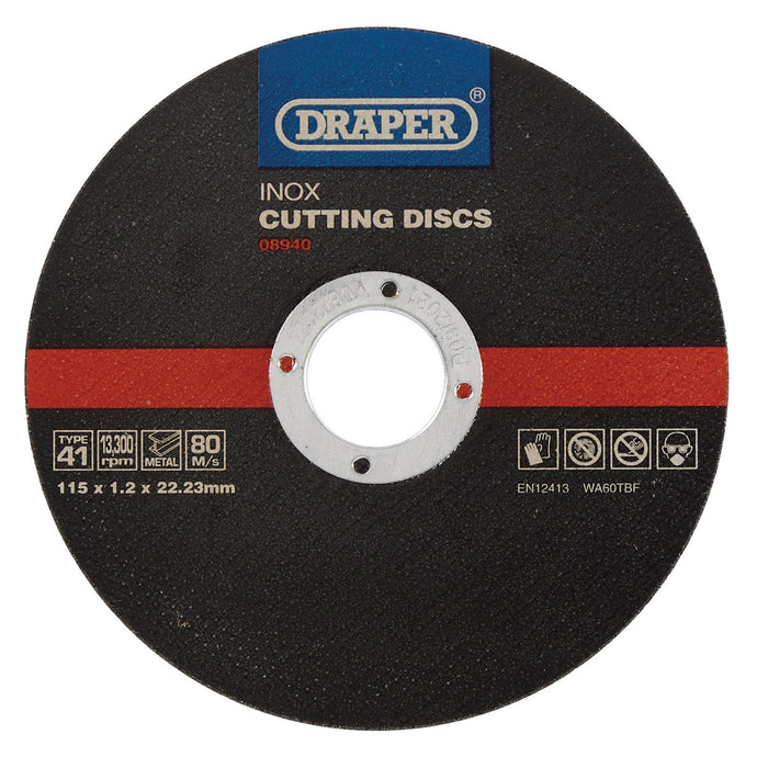 Draper Inox Flat Metal Cutting Discs, 115 x 22.2 x 1.2mm (Pack of 10) 08940 Draper - Dynamic Drive