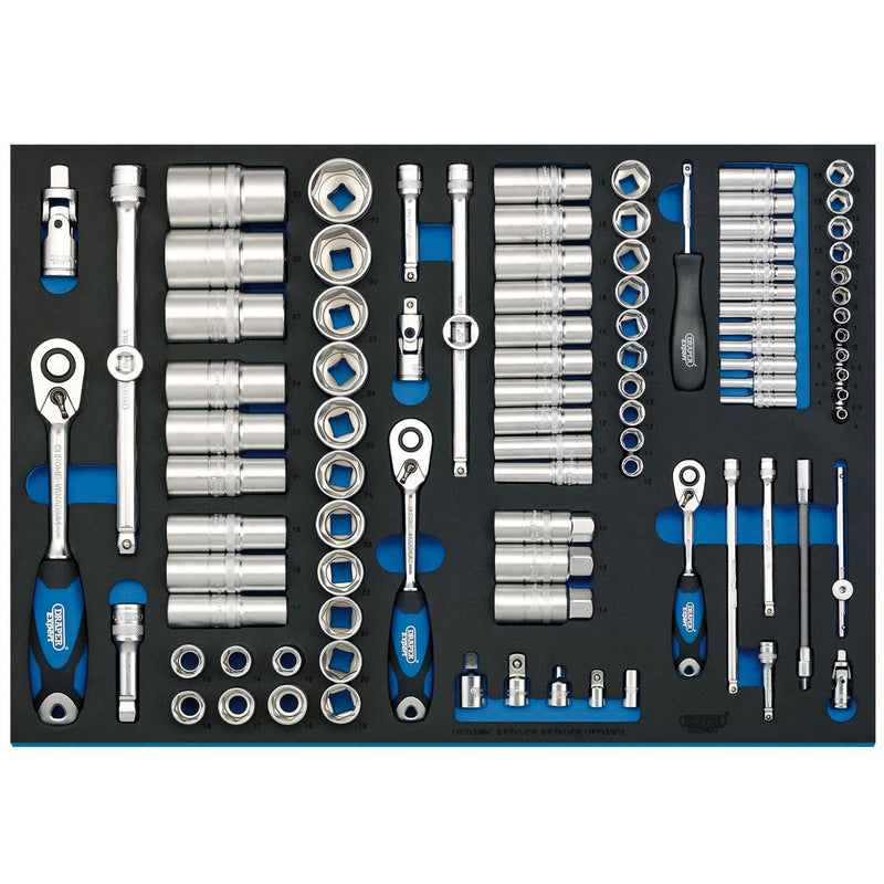 Draper Soft Grip Socket Set in Full Plus Drawer EVA Insert Tray, 1/4", 3/8" & 1/ Draper - Dynamic Drive