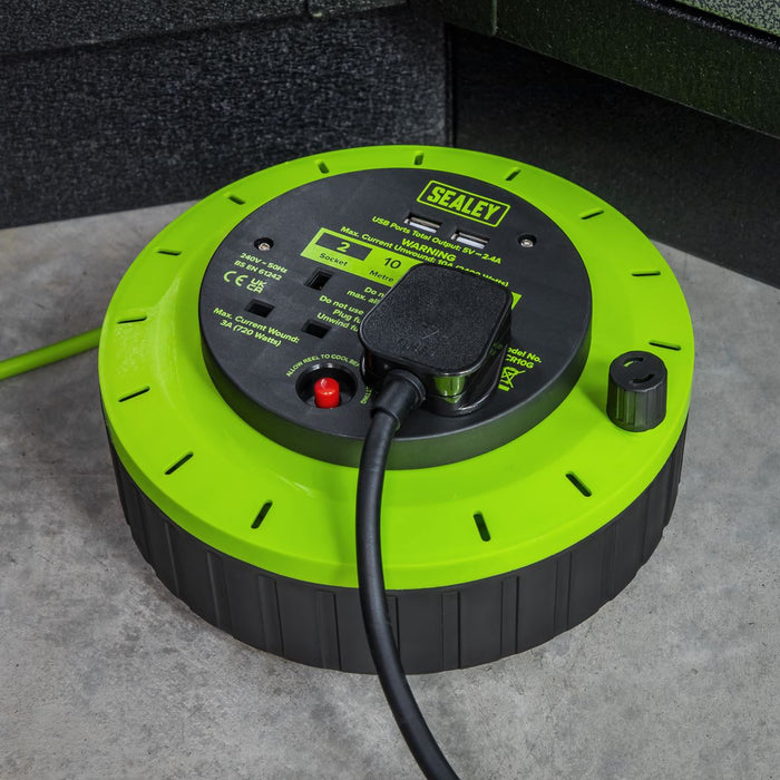 10m Cassette Type Cable Reel with Thermal Trip 2 x 230V & 2 x USB - Hi-Vis Green Sealey - Dynamic Drive