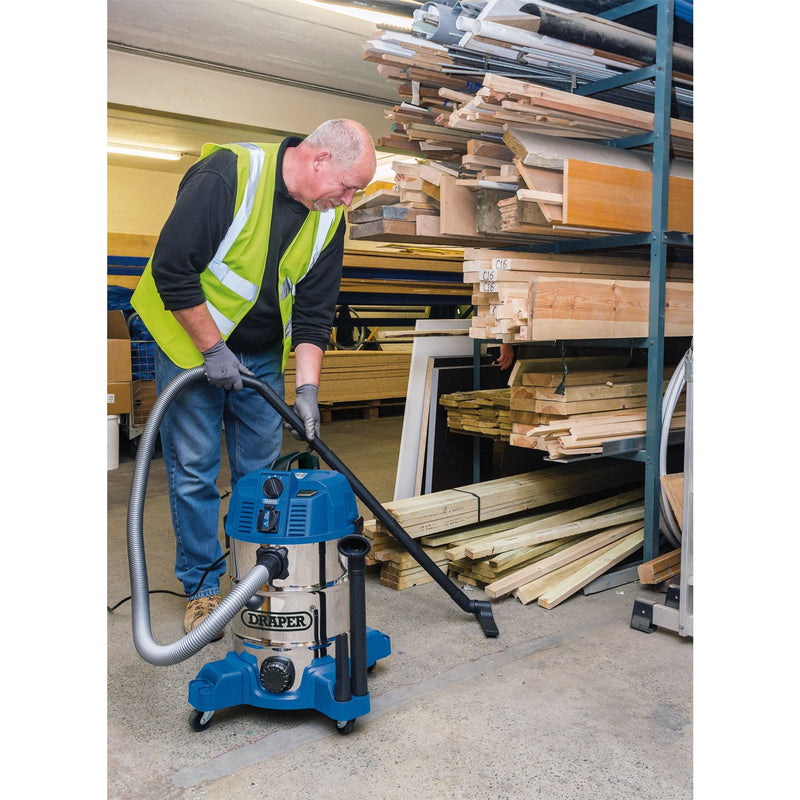 Draper 230V Wet and Dry Vacuum Cleaner with Stainless Steel Tank and Integrated Draper - Dynamic Drive