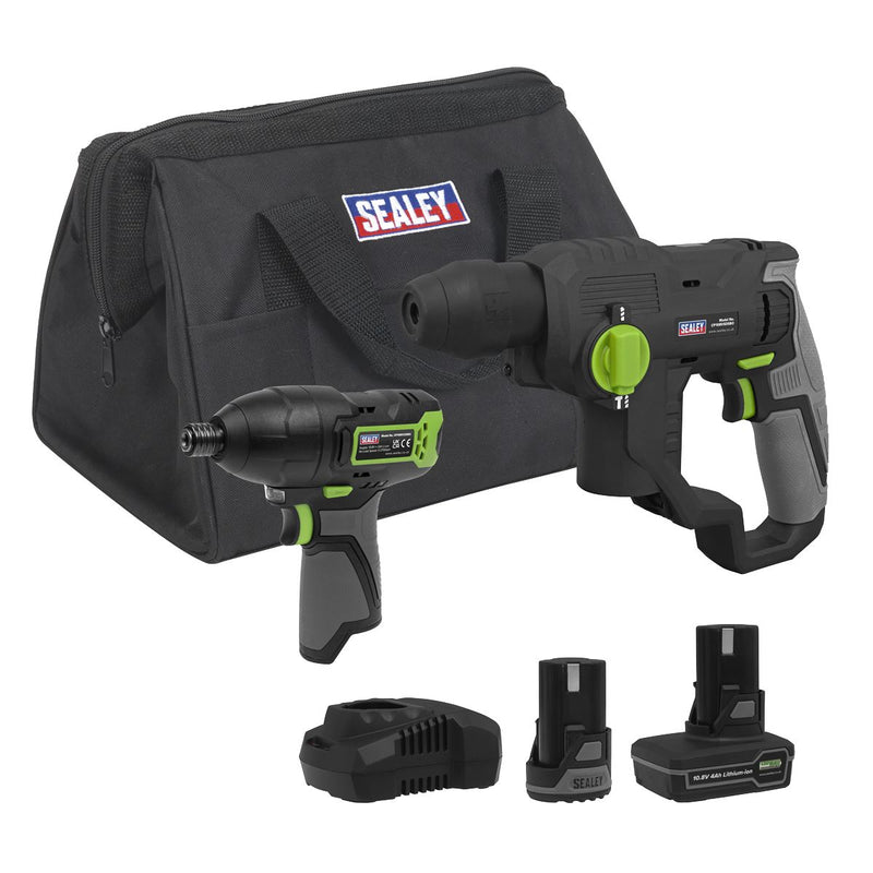 2 x SV10.8 Series Cordless Rotary Hammer Drill & Impact Driver Kit 10.8V 2 Sealey - Dynamic Drive