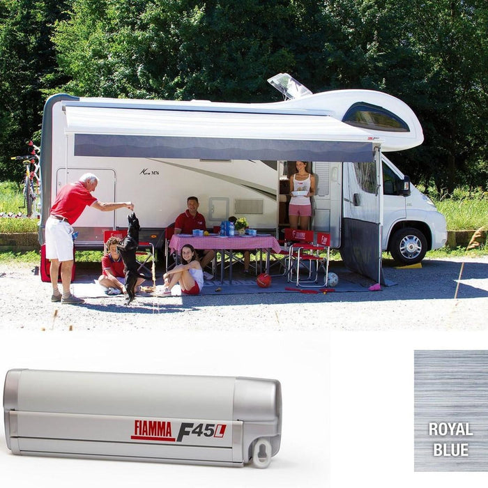 Fiamma Titanium F45L 550 Awning Royal Blue Fabric (06532B01Q) Winch Handle Wall Mounted Fiamma - Dynamic Drive