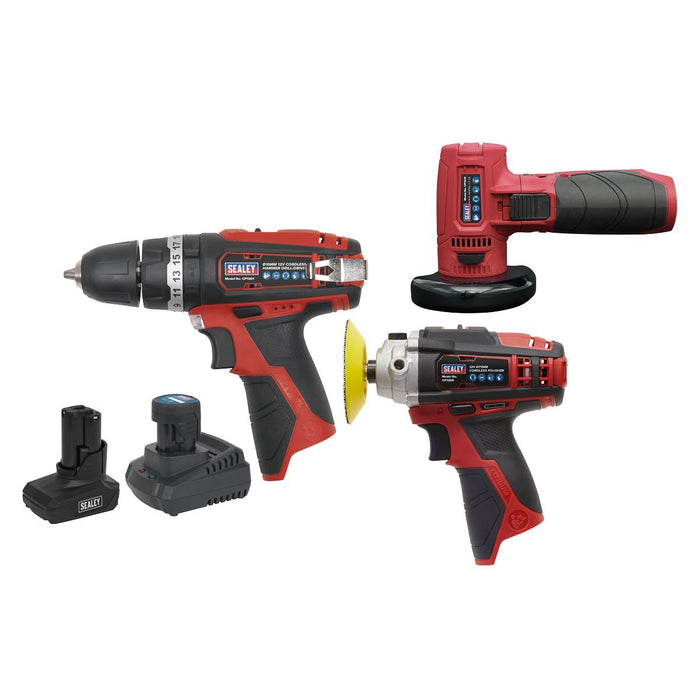 Sealey 3 x SV12 Series Cordless Power Tool Combo Kit 12V - 2 Batteries Sealey - Dynamic Drive