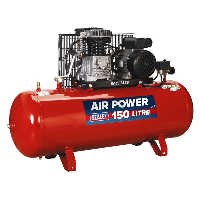 Sealey Air Compressor 150L Belt Drive 3hp with Cast Cylinders SAC1153B Sealey - Dynamic Drive