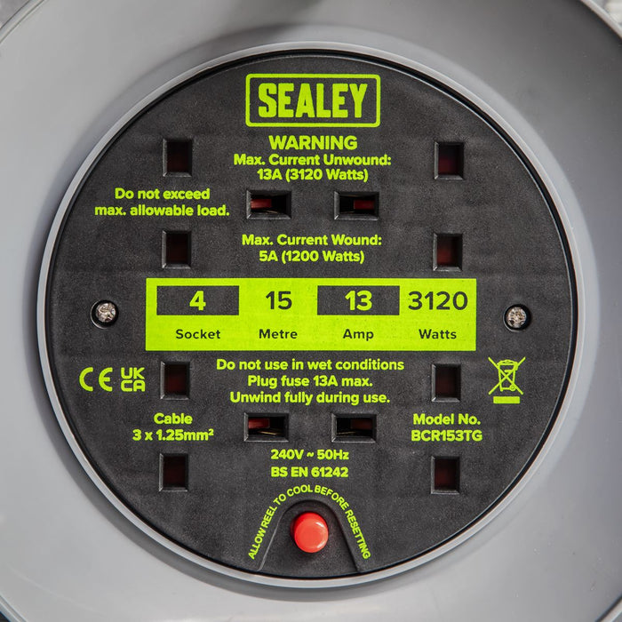 Sealey 15m Cable Reel with Thermal Trip 4 x 230V - Hi-Vis Green BCR153TG Sealey - Dynamic Drive