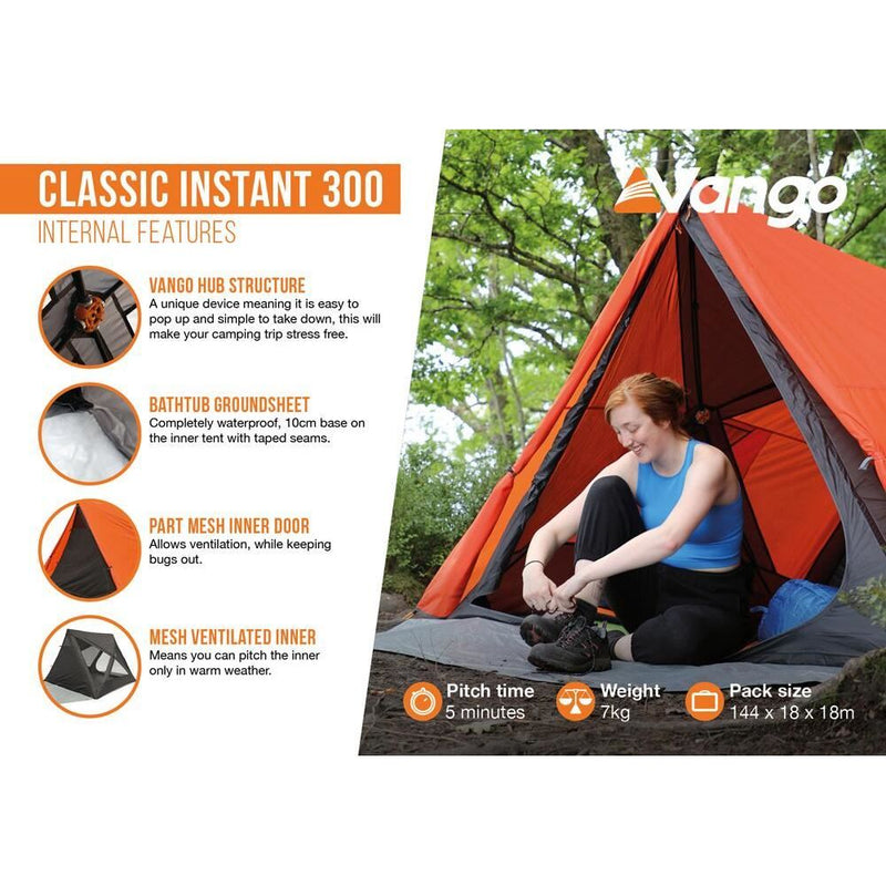 Vango Classic Instant 300 Orange 3 Person Poled Tent Vango - Dynamic Drive