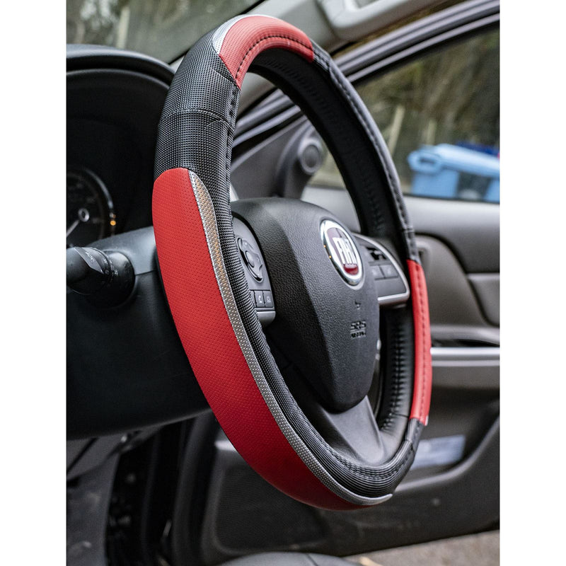 Simply Luxury Steering Wheel Cover Black Red & Chrome 15" Universal Protector Simple  - Dynamic Drive