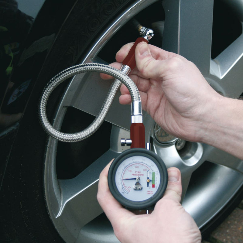 Sealey Tyre Pressure Gauge & Tyre Tread Depth Gauge Flexible Hose 0-8bar(0-120ps Sealey - Dynamic Drive