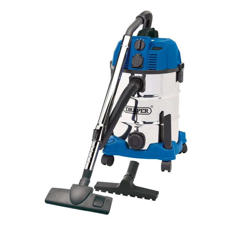 Draper 230V Wet and Dry Vacuum Cleaner with Stainless Steel Tank and Integrated Draper - Dynamic Drive