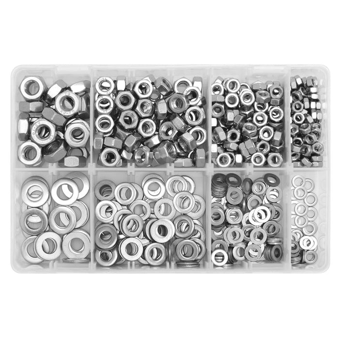 Sealey Stainless Steel Nut and Washer Assortment M5-M10 500pc AB077NW Sealey - Dynamic Drive