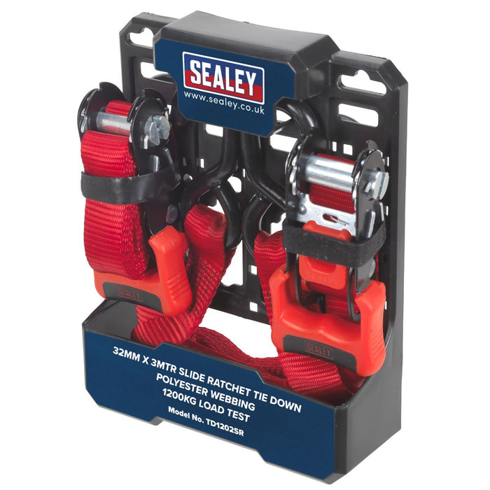 Sealey Slide Ratchet Tie Down 32mm x 3m Polyester Webbing with S-Hooks 1200kg Br Sealey - Dynamic Drive