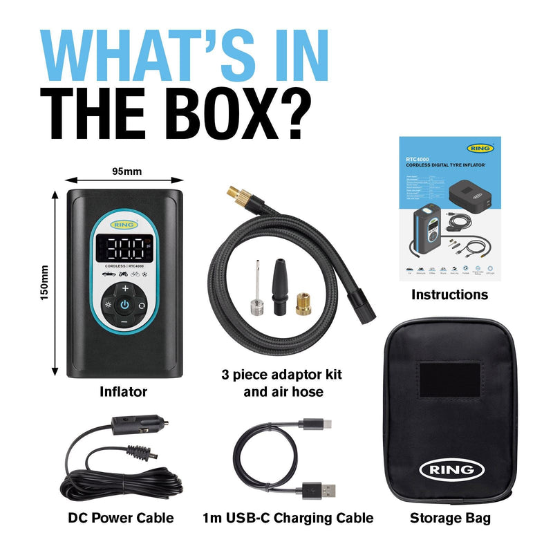 Ring Automotive RTC4000 cordless tyre inflator air compressor car pump. Recharge Ring Automotive - Dynamic Drive