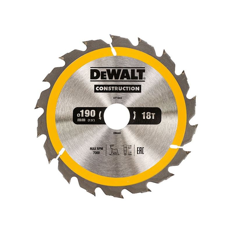 Dewalt Power Tools Portable Construction Circular Saw Blade 190 x 30mm x 18T DeWALT Power Tools - Dynamic Drive
