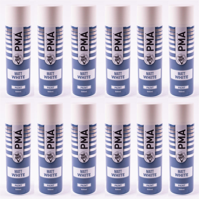 12 x PMA Aerosol Spray Paint Matt White Acrylic High Coverage 500ml PMA - Dynamic Drive
