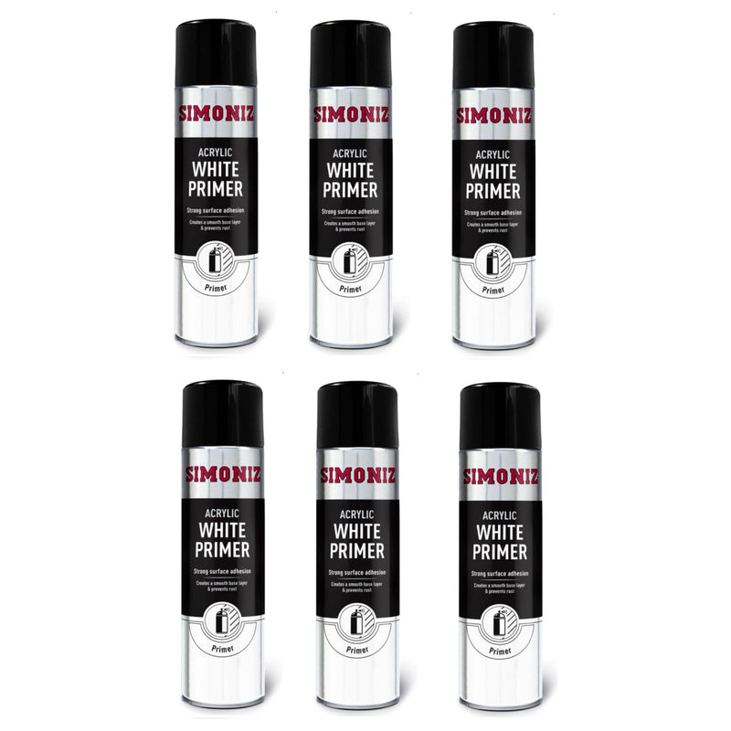 6x Simoniz Large Acrylic White Aerosol Smooth Primer Car Spray Paint 500ml Simoniz - Dynamic Drive