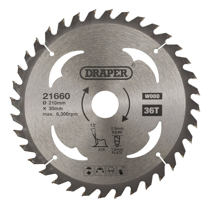 Draper TCT Circular Saw Blade for Wood, 210 x 30mm, 36T 21660 Draper - Dynamic Drive
