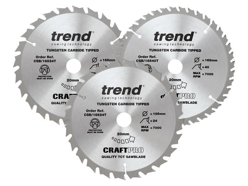Trend CraftPro Cordless Saw Blade 165 x 20mm x 24T/40T (Pack 3) Trend - Dynamic Drive