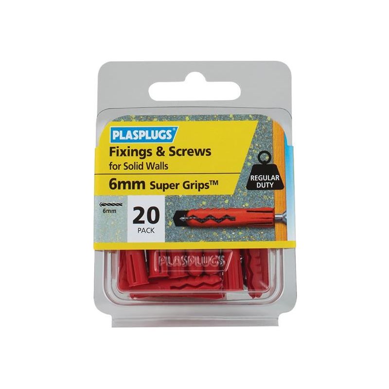 Plasplugs Solid Wall Super Grips™ Fixings Red & Screws Pack of 20 Plasplugs - Dynamic Drive